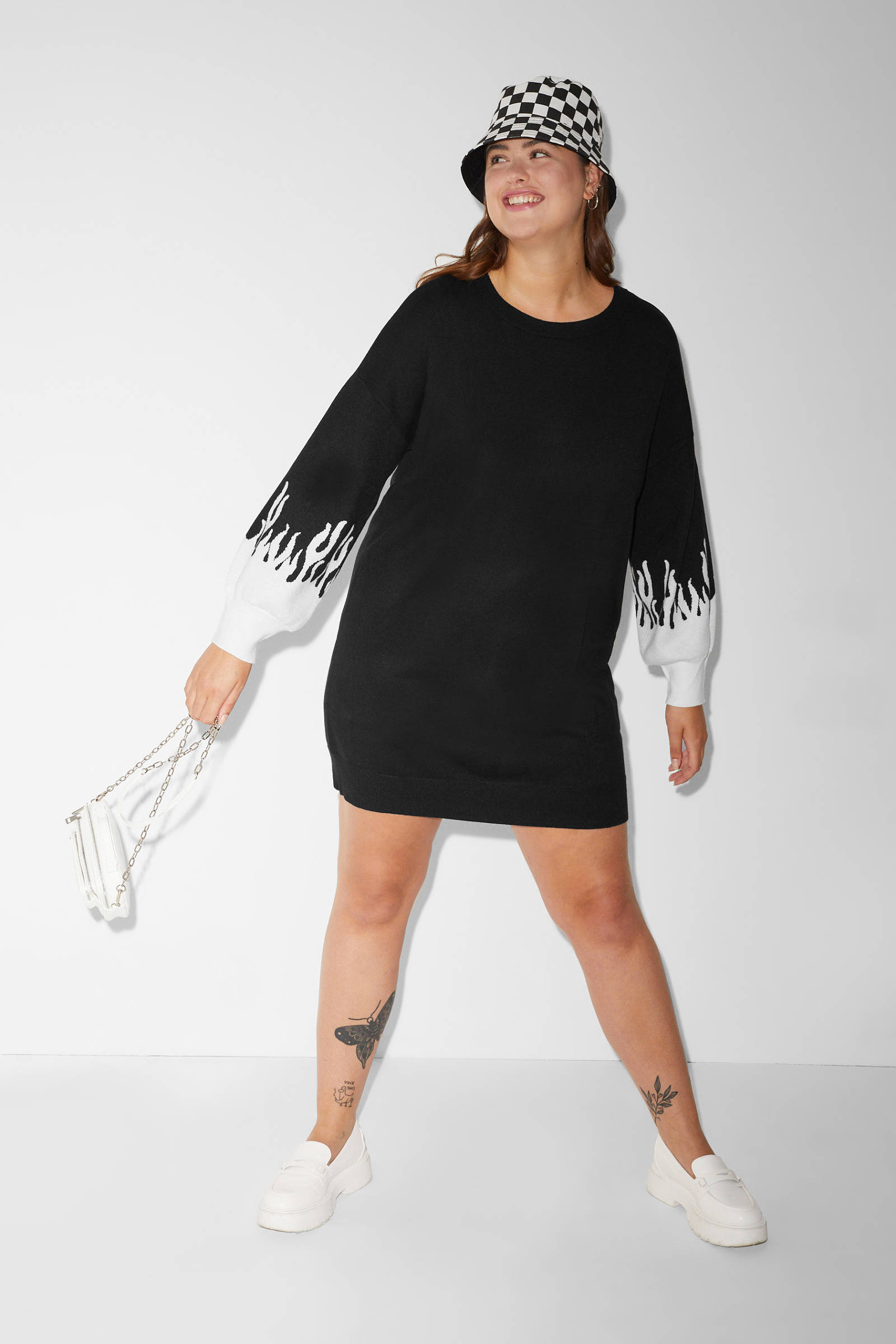 Mode Jurken Sweatjurken Cream Sweatjurk zwart-wit volledige print casual uitstraling 