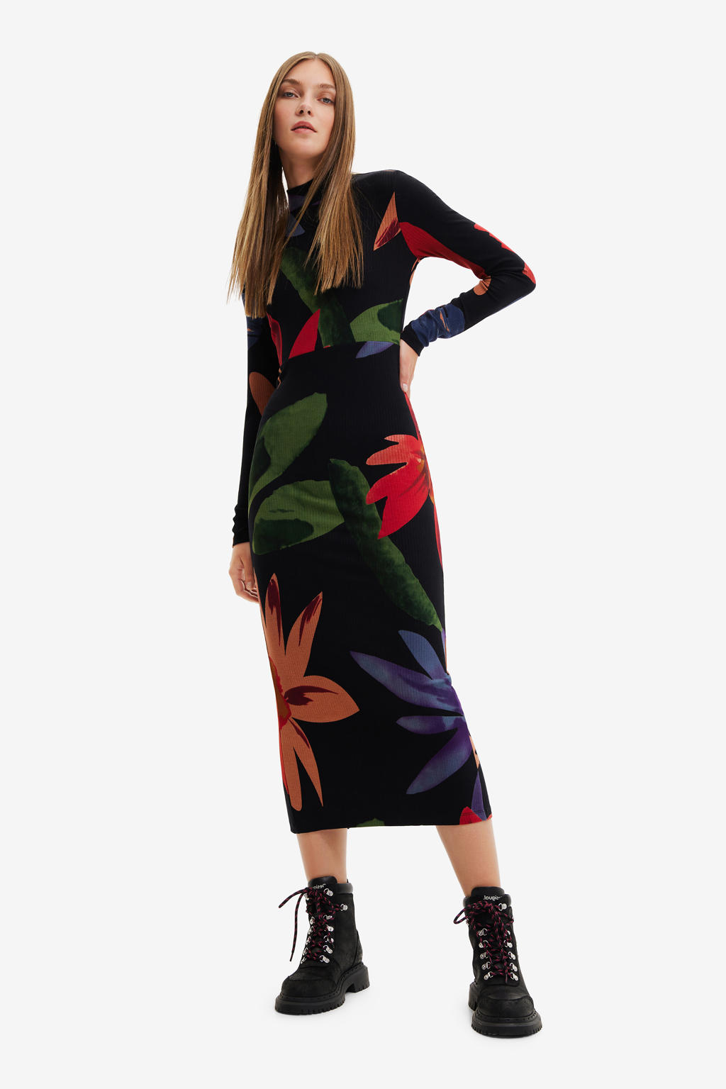 Desigual gebloemde ribgebreide maxi jurk zwart/groen/rood/blauw
