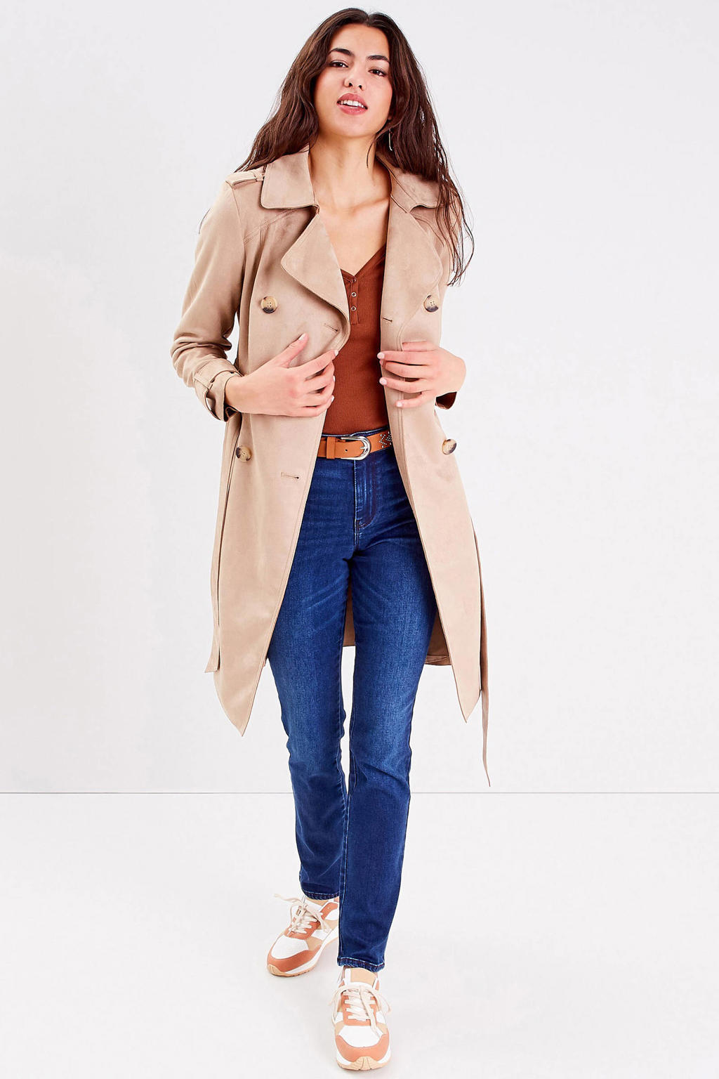 Beige dames Cache Cache trenchcoat jas van imitatiesuède met effen, lange mouwen en reverskraag