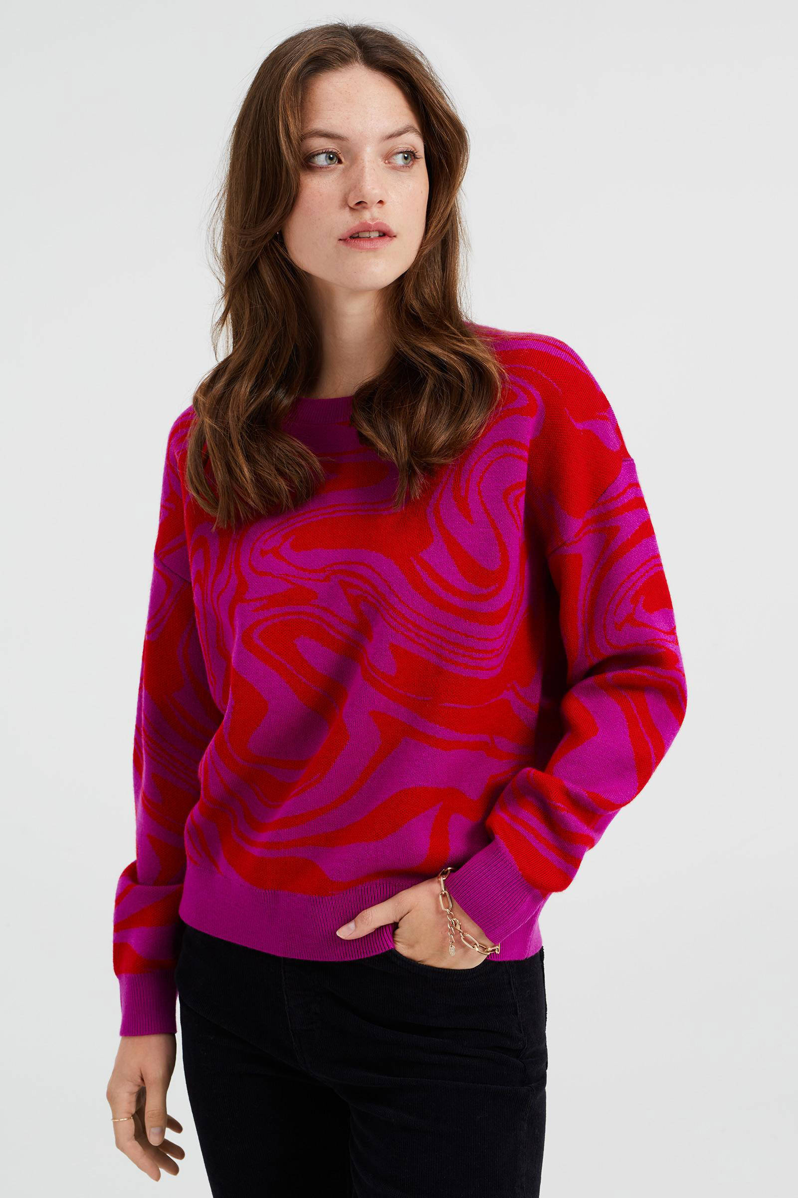 WE Fashion trui met wol en jacquard fuchsia | wehkamp