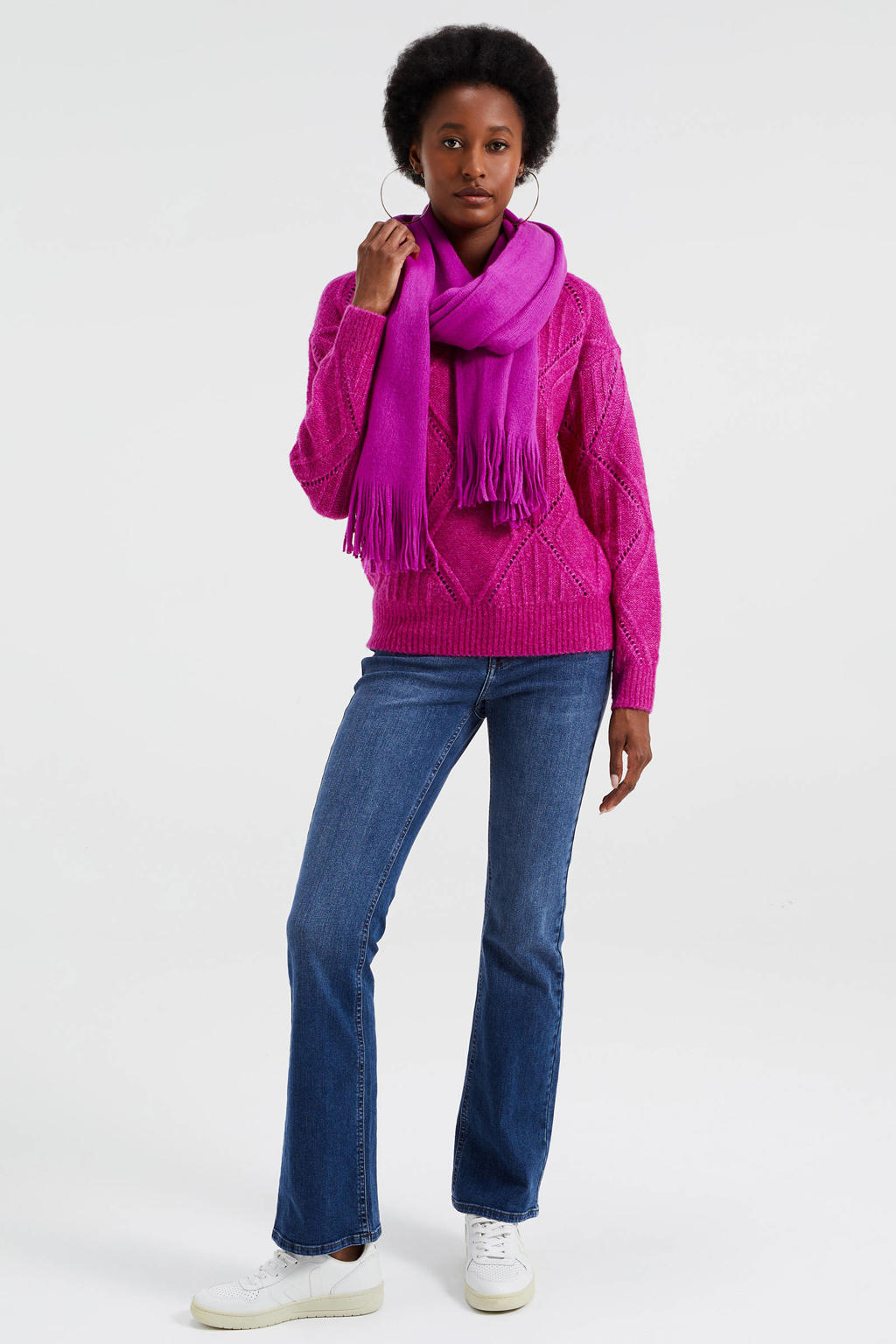 Fuchsia dames WE Fashion gebreide trui van wol met lange mouwen en ronde hals