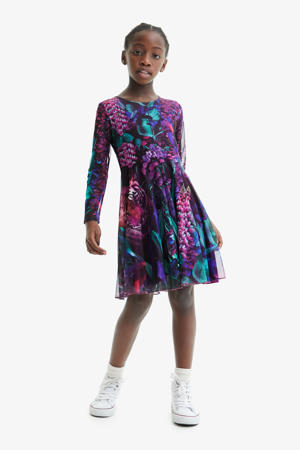 A-lijn jurk met all over print donkerblauw/paars/roze