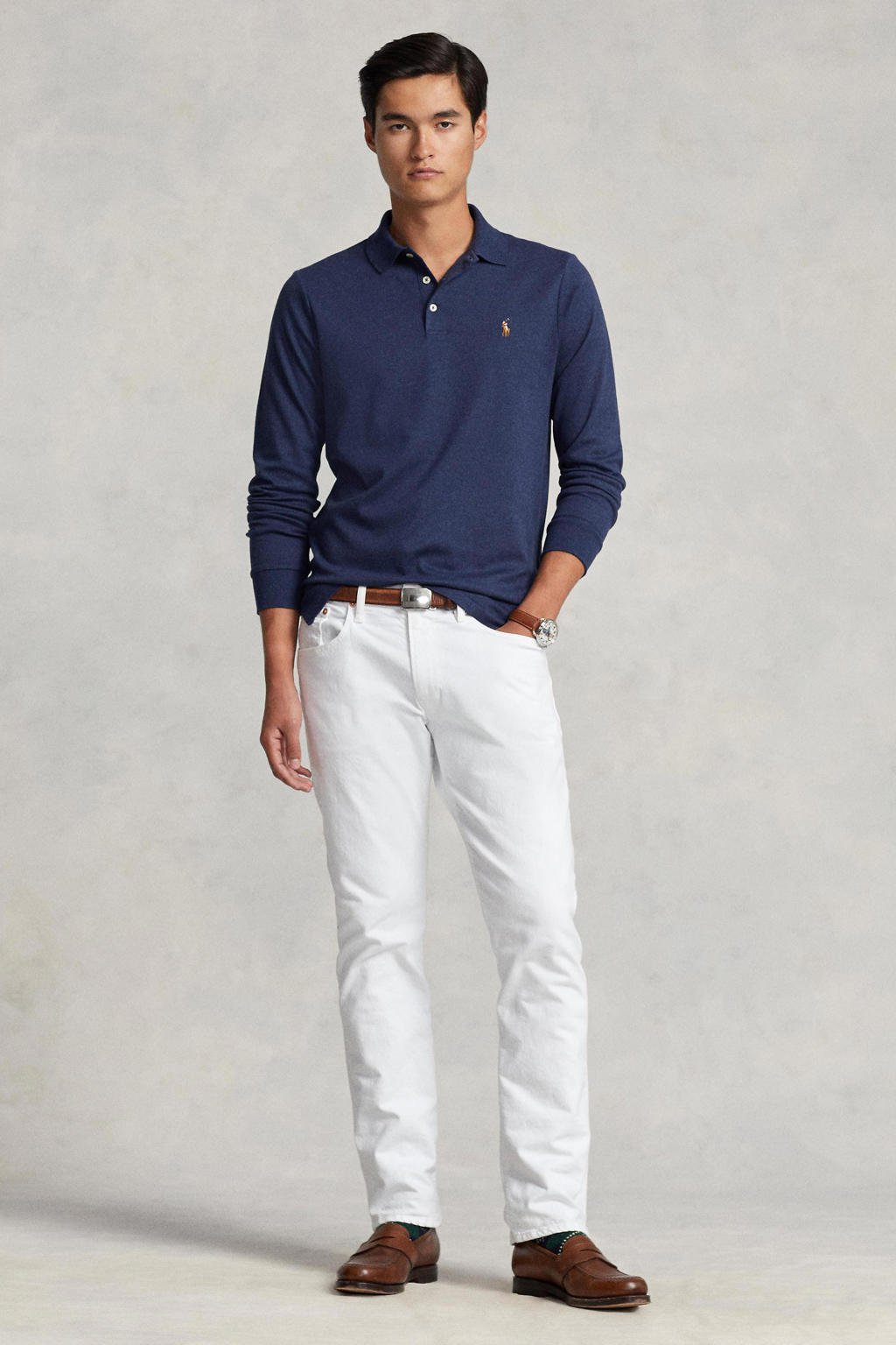 Blauwe heren Ralph Lauren polo van katoen met logo dessin, lange mouwen, klassieke kraag en knoopsluiting