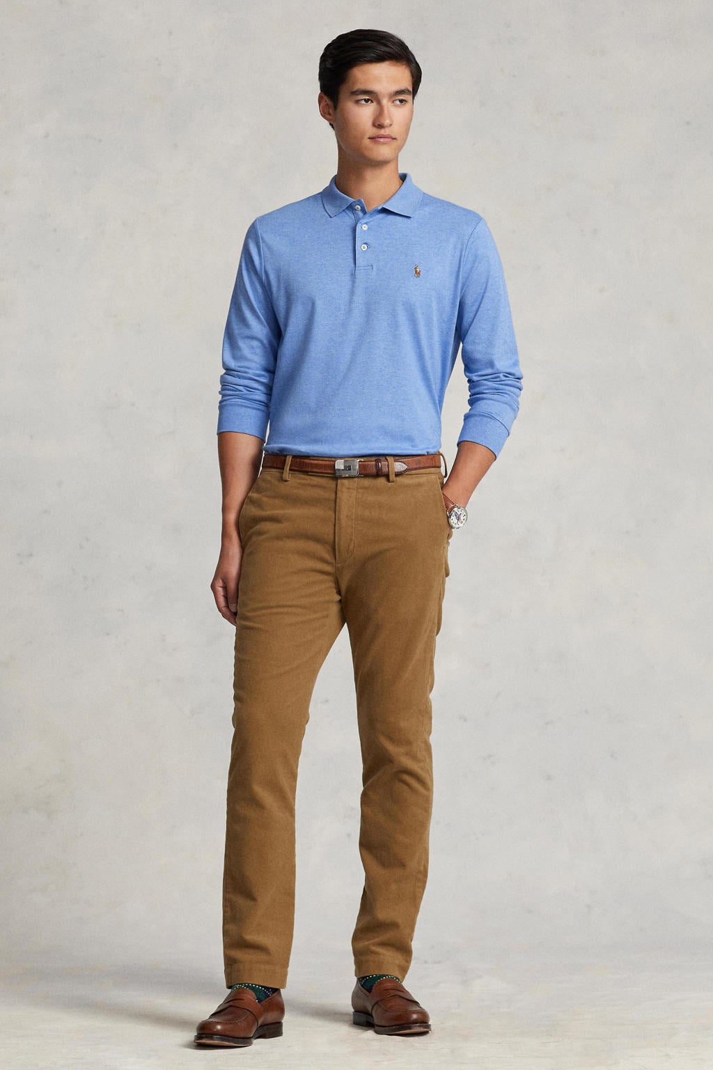 Lichtblauwe heren Ralph Lauren polo van katoen met lange mouwen, klassieke kraag en knoopsluiting