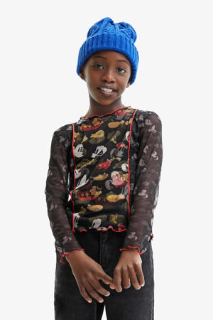 semi-transparante Mickey Mouse  top met all over print zwart/rood/geel