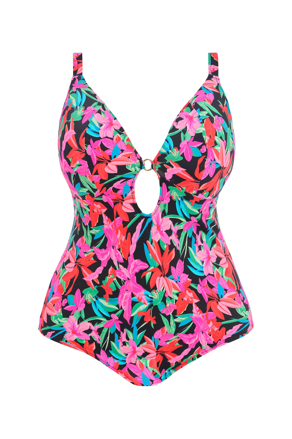 Elomi +size gebloemd badpak fuchsia/zwart/rood wehkamp