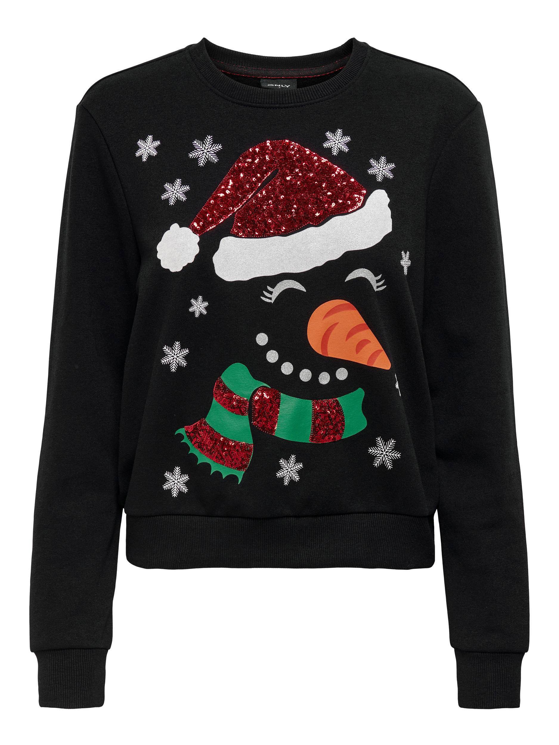 kerstsweater ONLYDA XMAS met printopdruk en pailletten zwart rood groen