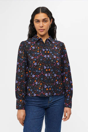 gebloemde blouse OBJCILISA  zwart/paars/oranje