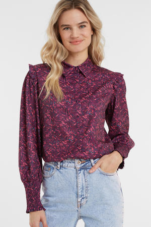 blouse Merel met all over print en ruches paars