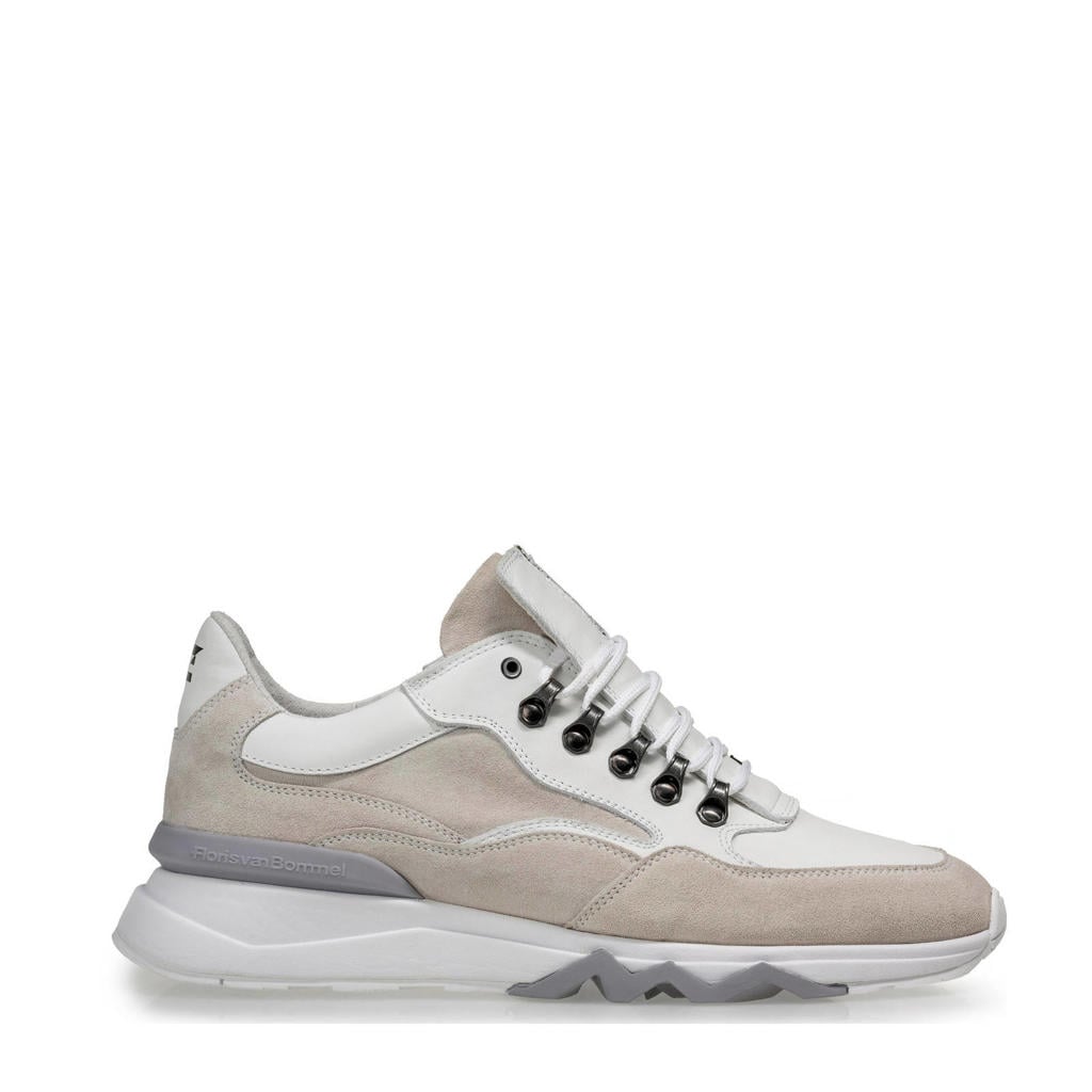 Wit en beige heren Floris van Bommel De Zager 01.05 leren sneakers met veters