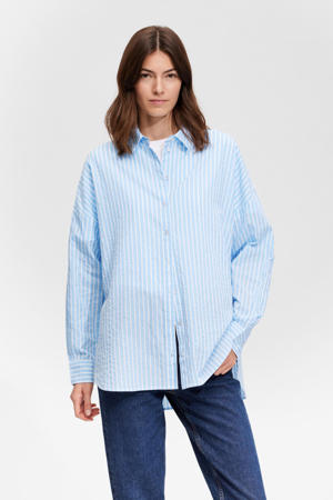 gestreepte blouse SLFEMMA-SANNI van biologisch katoen lichtblauw