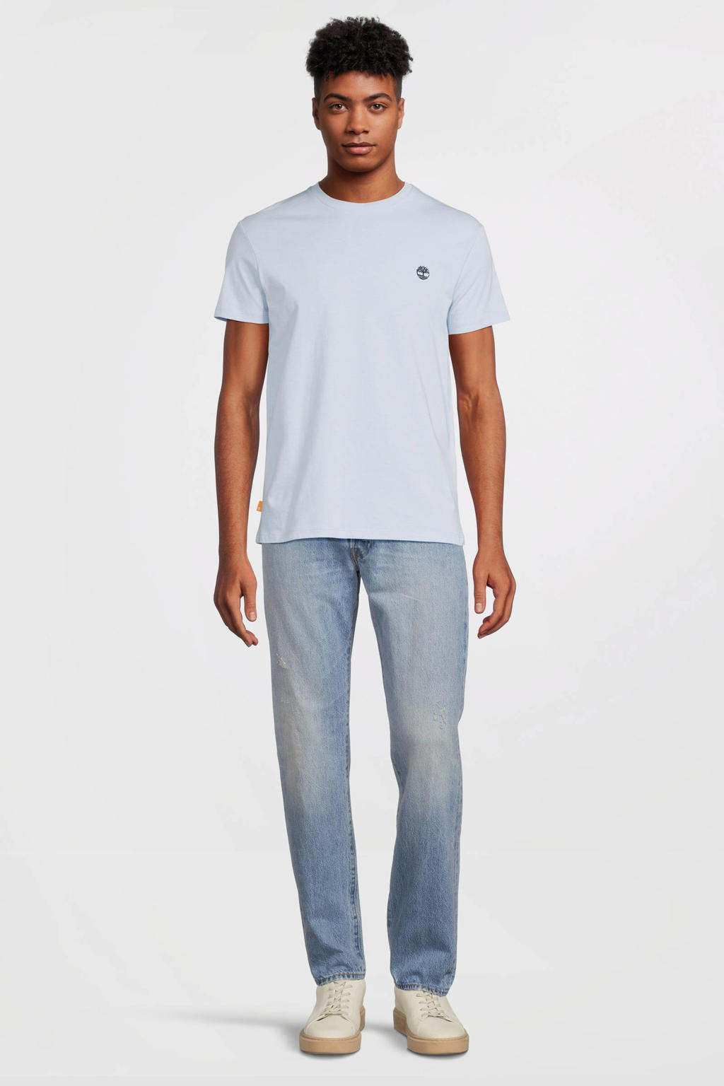 Lichtblauwe heren Timberland slim fit T-shirt van katoen met logo dessin, korte mouwen en ronde hals