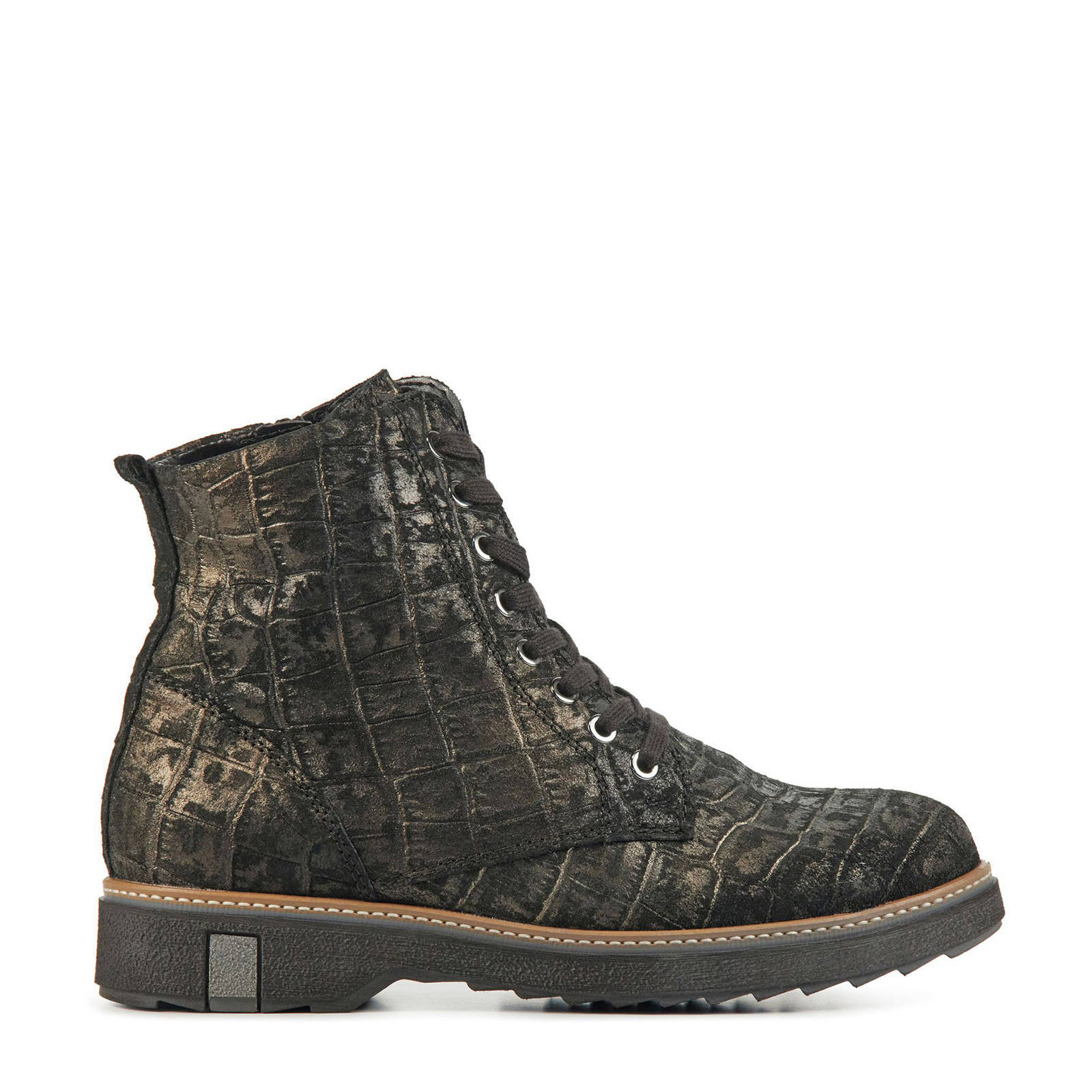 683801 leren veterboots met crocoprint brons