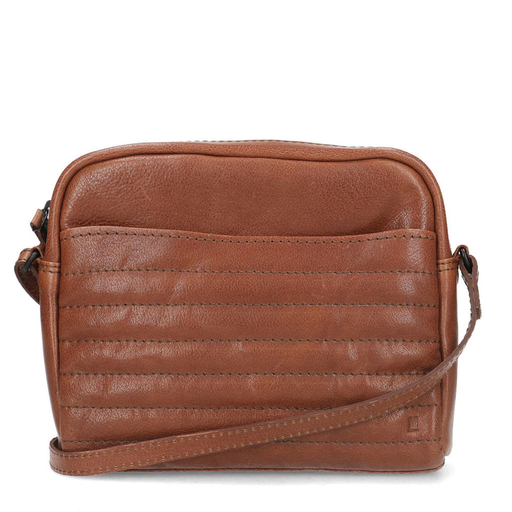 Manfield doorgestikte leren crossbody tas cognac