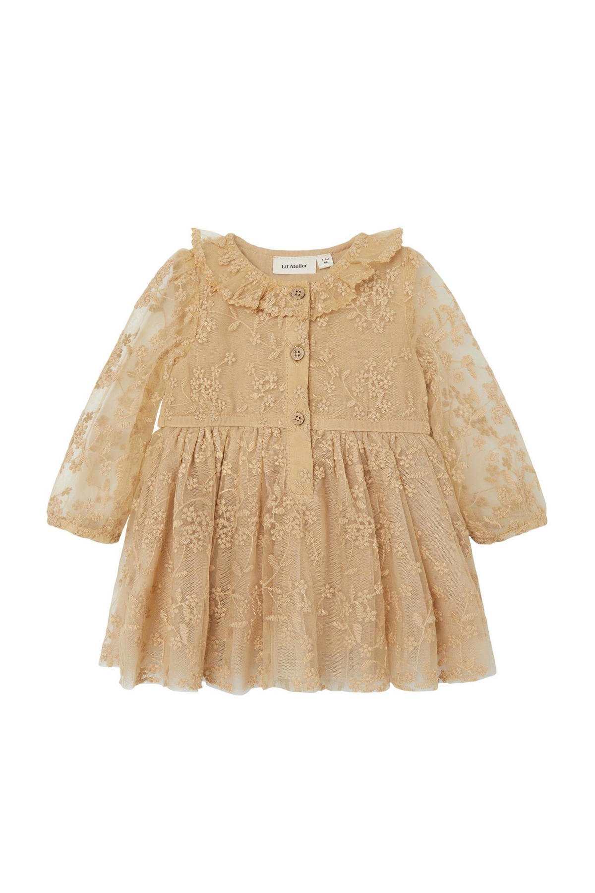 LIL' ATELIER BABY baby kanten jurk NBFROA met borduursels zand