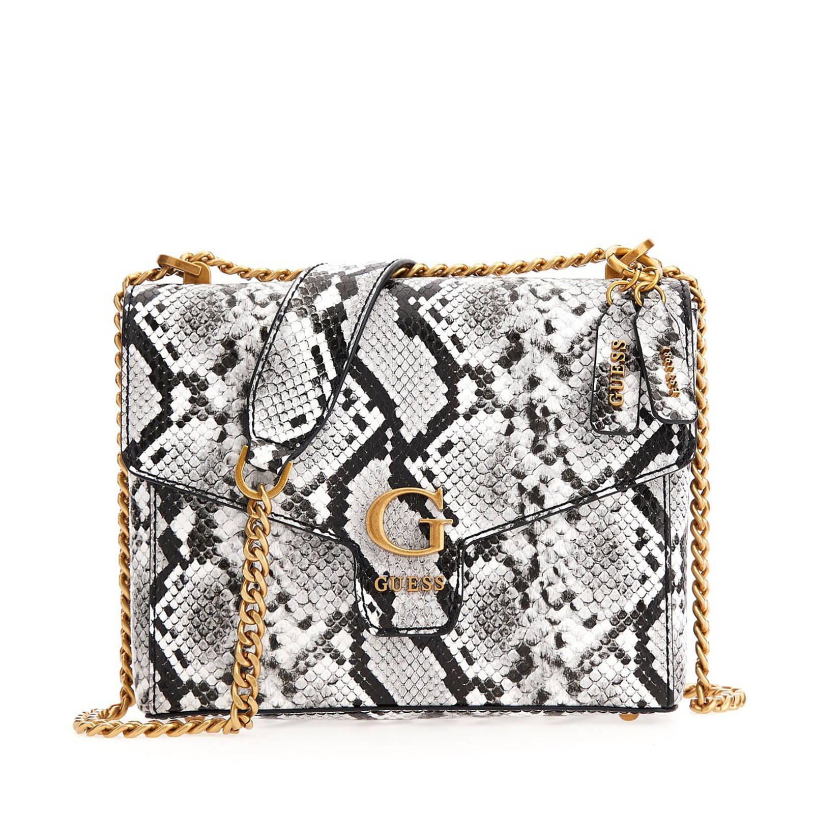 GUESS crossbody tas Shenny met slangenprint zwart wit wehkamp