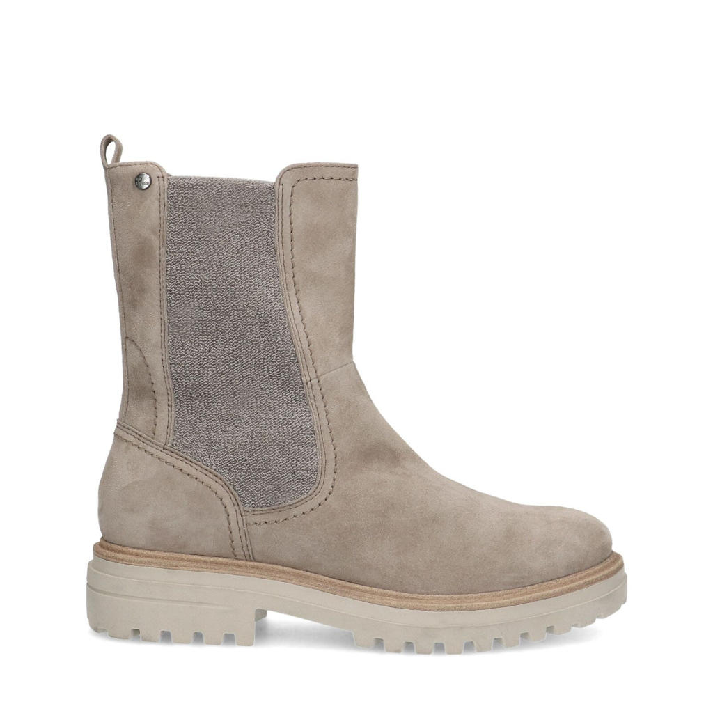 Taupe dames No Stress suède enkelboots met profielzool, ritssluiting en effen