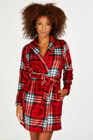 fleece badjas met ruit rood/blauw