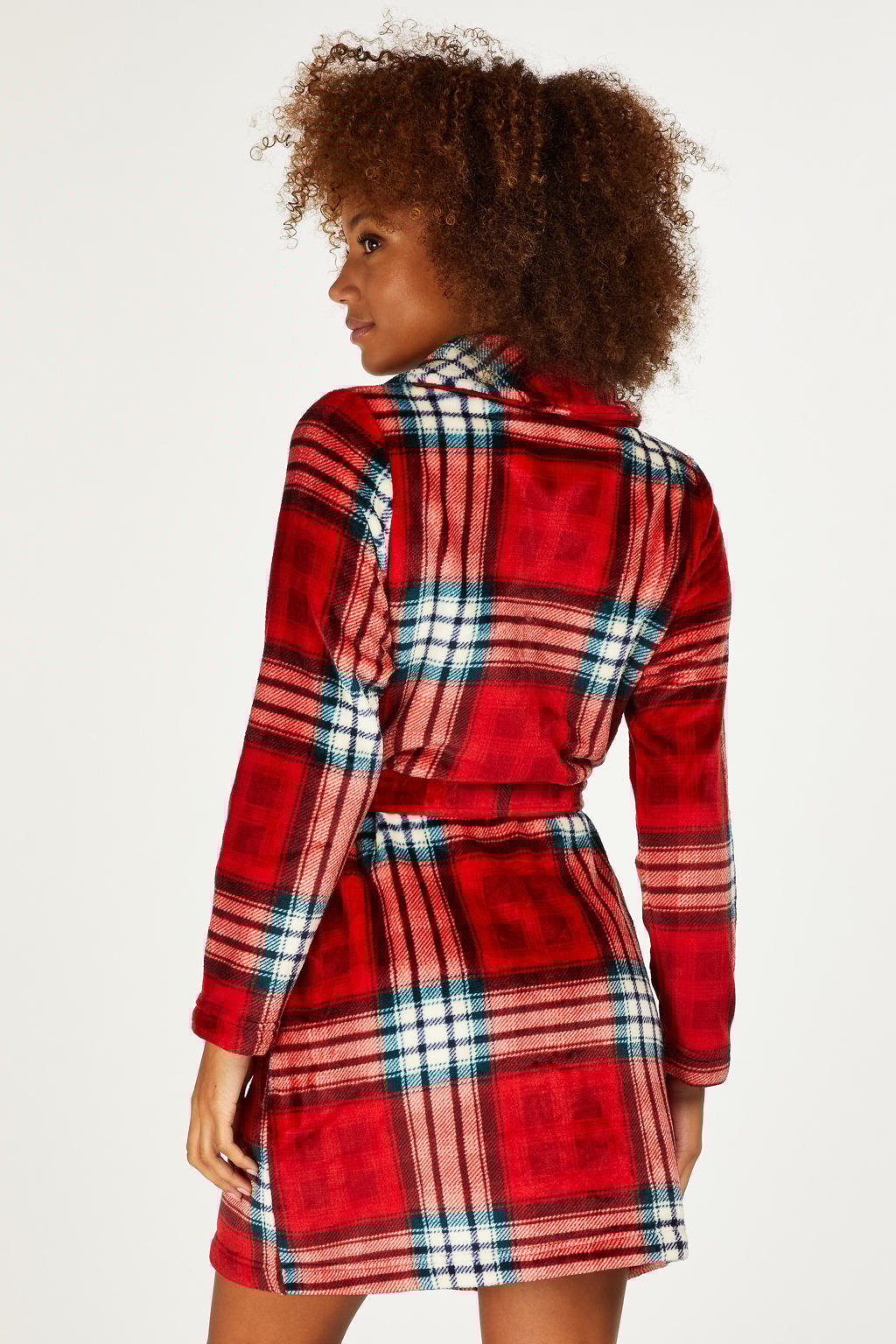 Hunkemöller fleece badjas met ruit rood/blauw | wehkamp