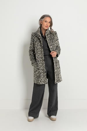 coat met wol en dierenprint zwart/grijs