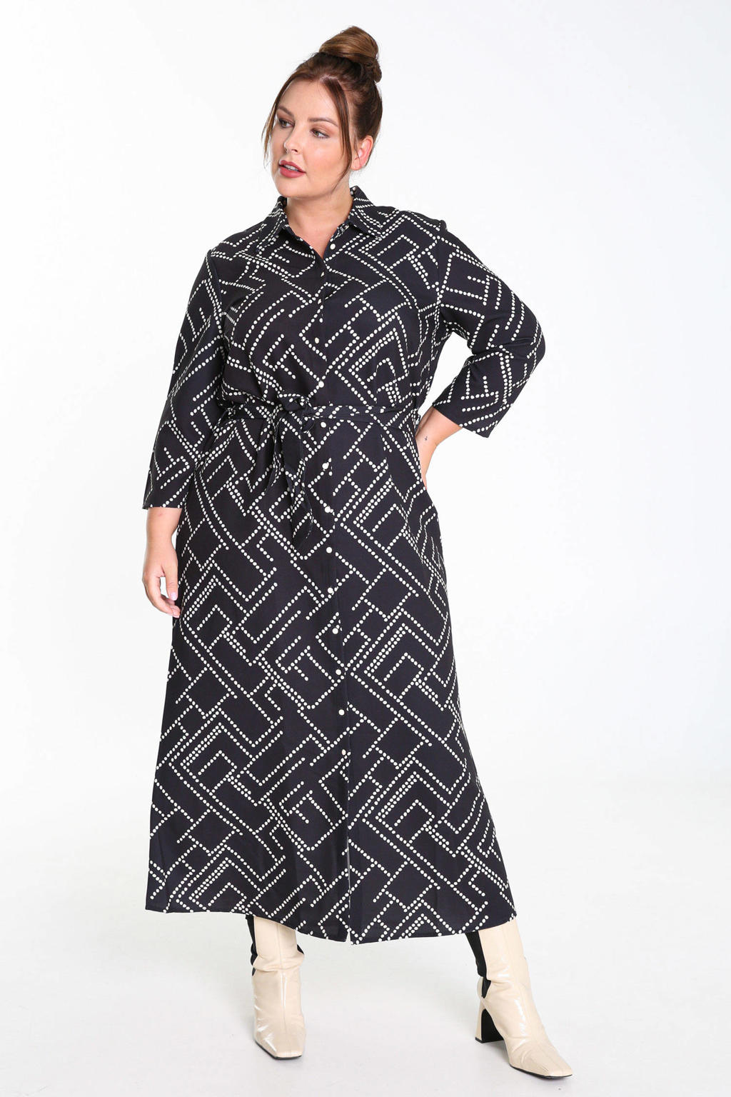 Zwart en ecru dames PROMISS blousejurk print en ceintuur van polyester met grafische print, lange mouwen, klassieke kraag en knoopsluiting