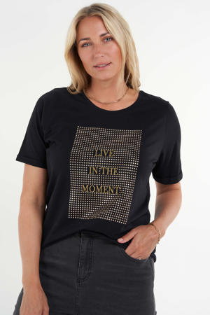 T-shirt met printopdruk en strass steentjes zwart