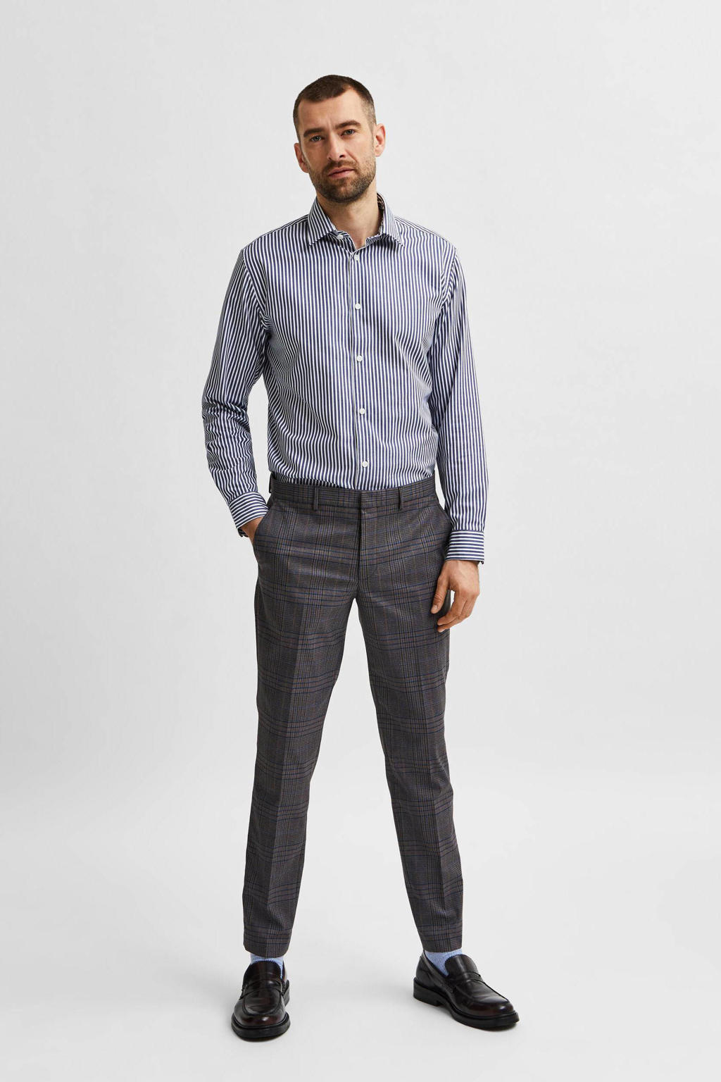 Selected gestreept slim fit overhemd SLHETHAN dark sapphire/white