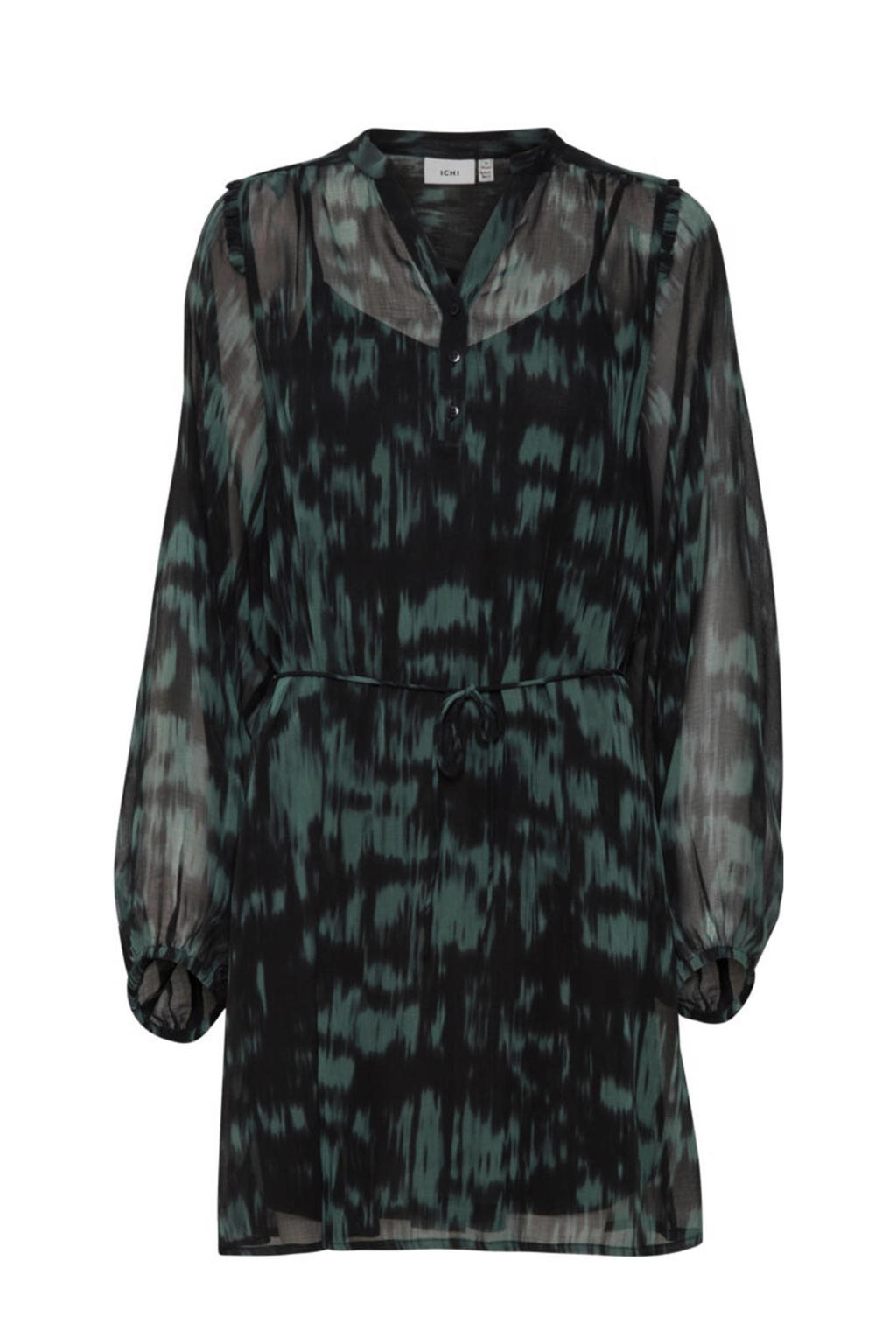 ICHI semi-transparante jurk IHNANCY DR van gerecycled polyester groen/zwart