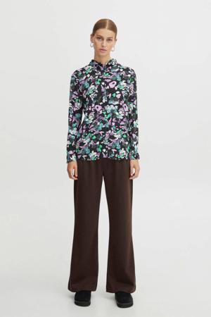 blouse IHVERA SH11 met all over print zwart/paars/groen