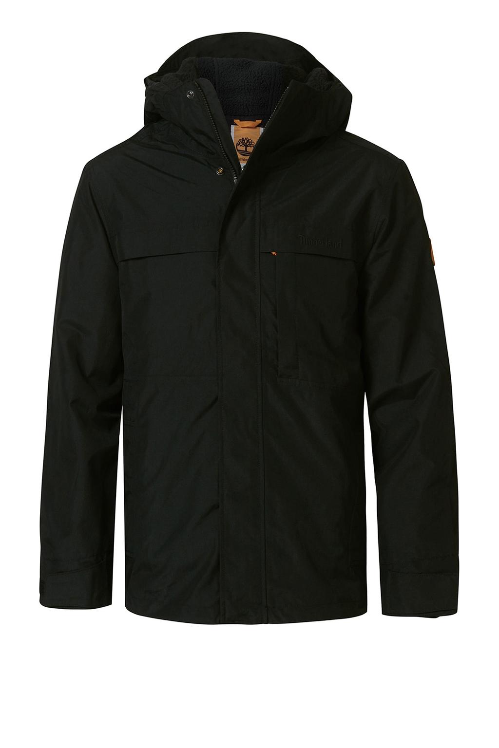 Zwarte heren Timberland jas van polyester met effen, lange mouwen, capuchon en rits- en drukknoopsluiting