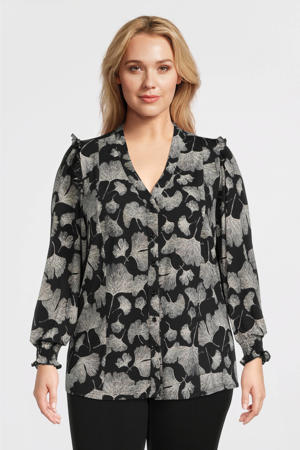 blouse Lies met bladprint zwart/zand