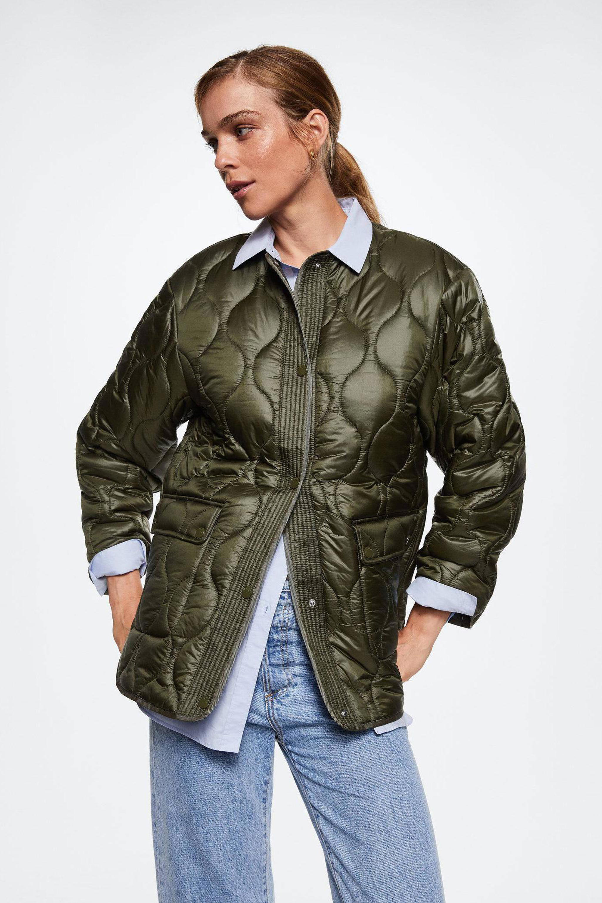 Mango quilted jas oversized kakigroen | wehkamp