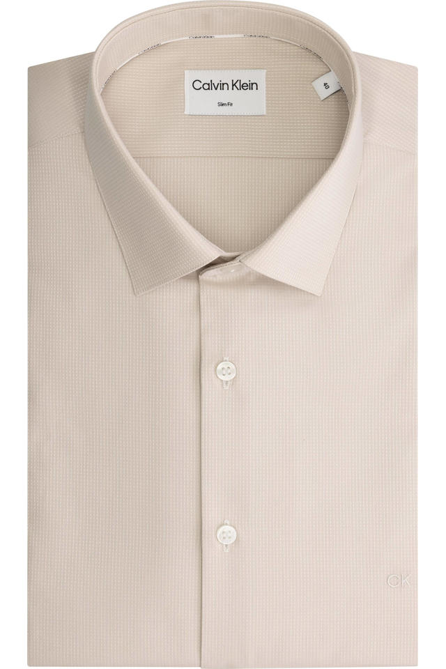 Calvin Klein slim overhemd met all over print en textuur stony beige | wehkamp