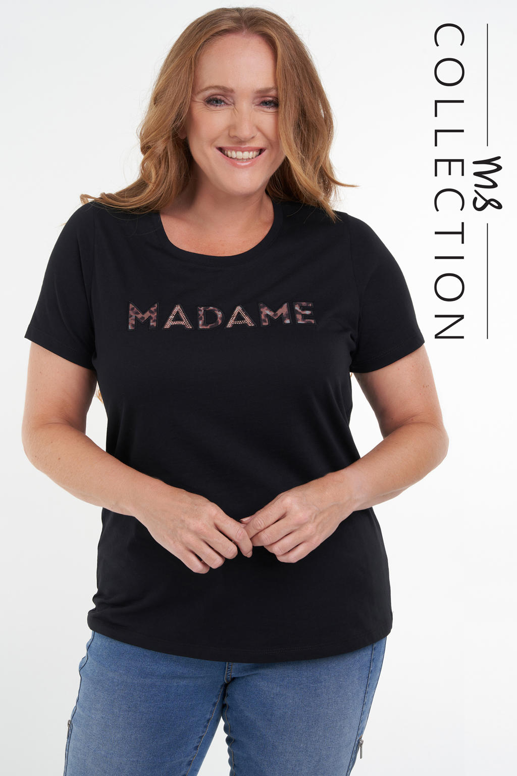MS Mode T-shirt met tekst en sierstenen zwart