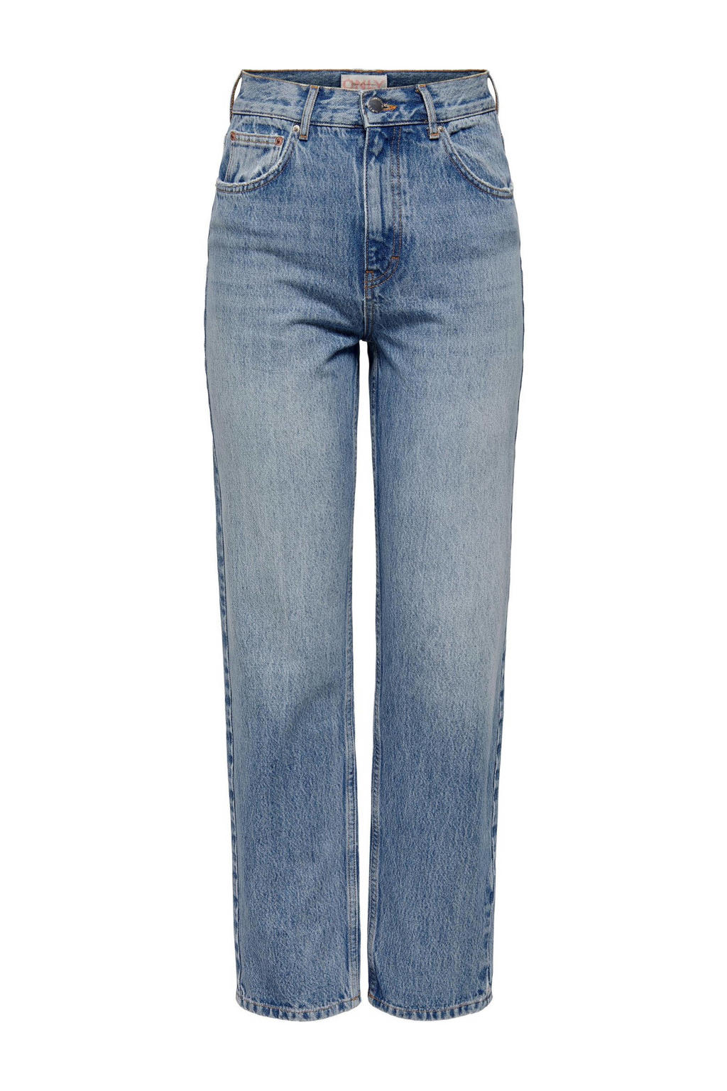Blauwe dames ONLY high waist straight fit jeans van katoen met rits- en knoopsluiting