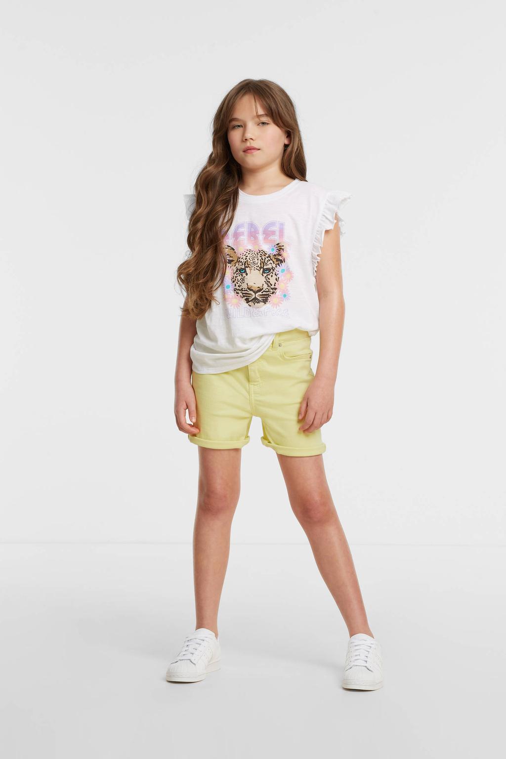 Groene meisjes Anytime short van denim met regular waist, rits- en knoopsluiting en effen