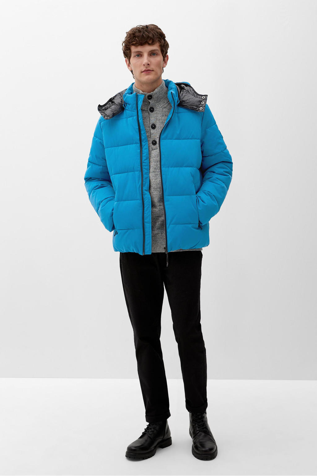 Blauwe heren s.Oliver gewatteerde jas van polyester met lange mouwen, capuchon en ritssluiting