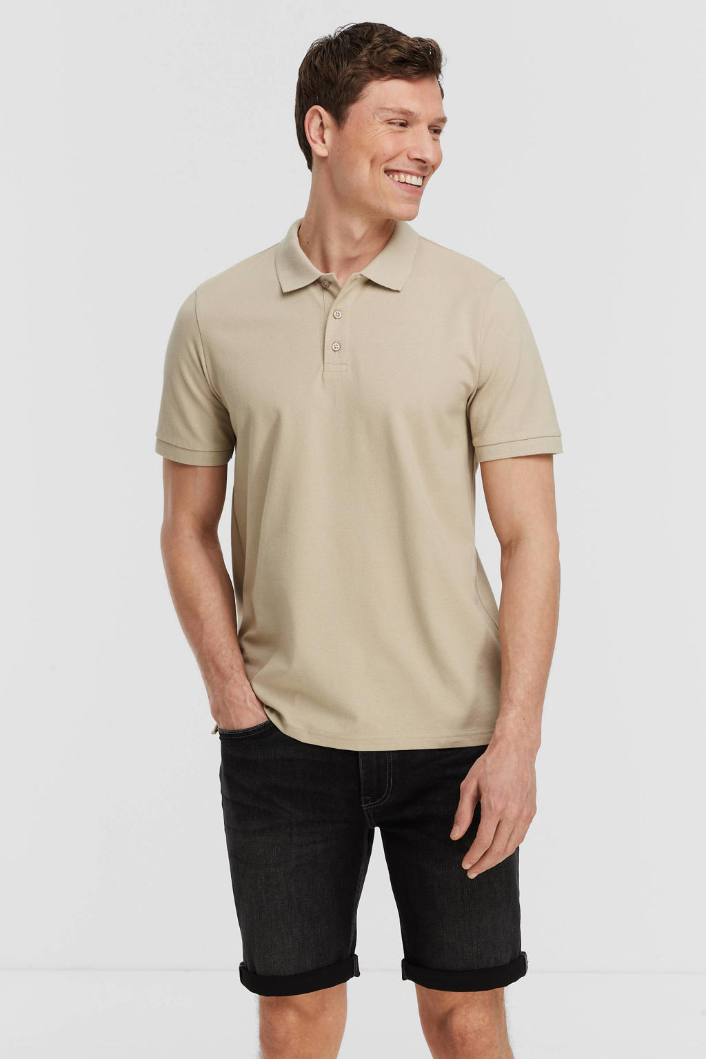 Beige heren Anytime polo van katoen met effen en korte mouwen