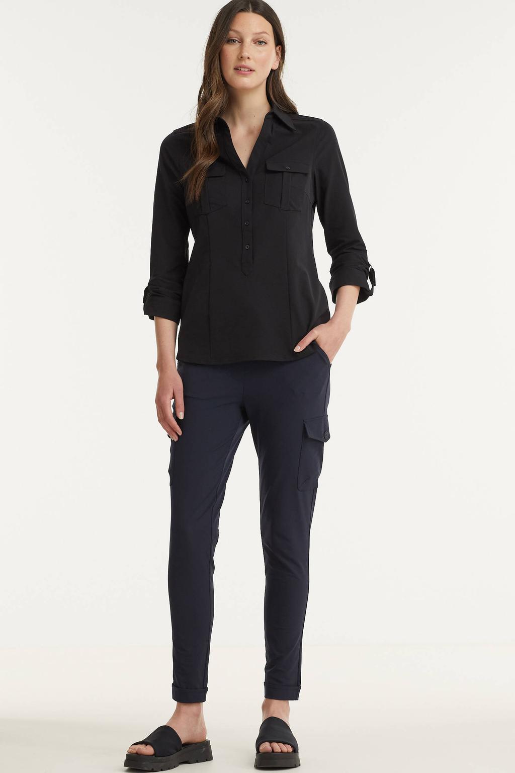 TQ-Amsterdam high waist slim fit cargobroek Karin van travelstof donkerblauw