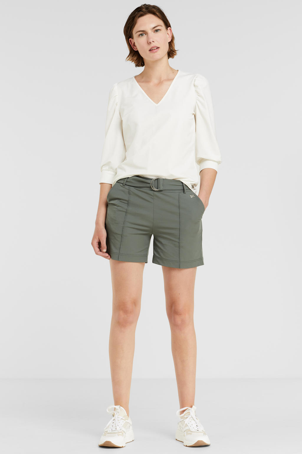 Witte dames TQ-Amsterdam top Lola van travelstof met effen, driekwart mouwen, V-hals en plooien