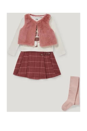 longsleeve + vest + rok + maillot roze/rood/wit