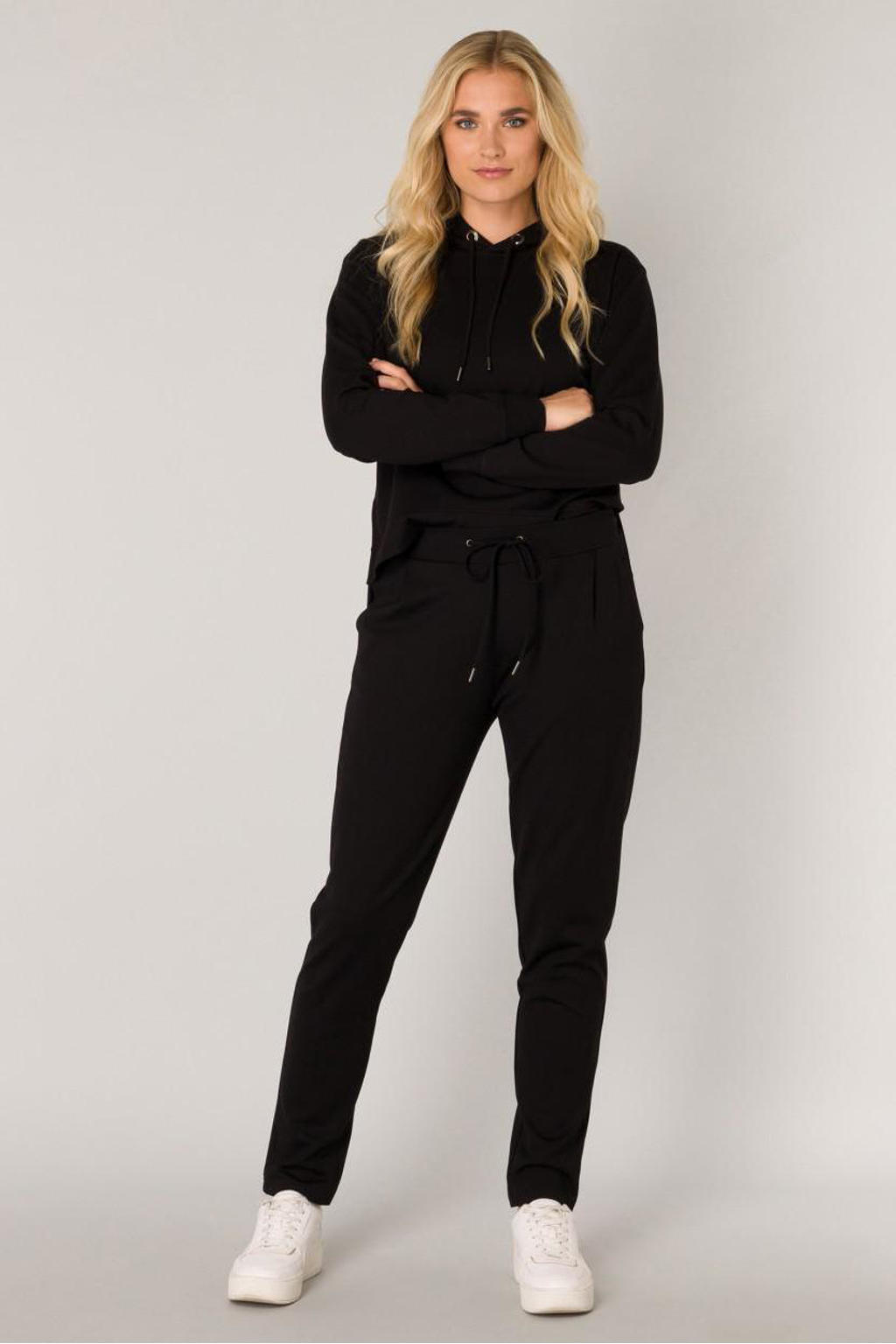 Zwarte dames Base Level tapered fit sweatpants Yoan met regular waist, elastische tailleband en effen