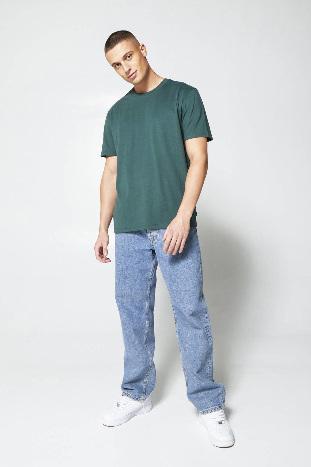 Groene heren America Today regular fit T-shirt van katoen met effen, korte mouwen en ronde hals