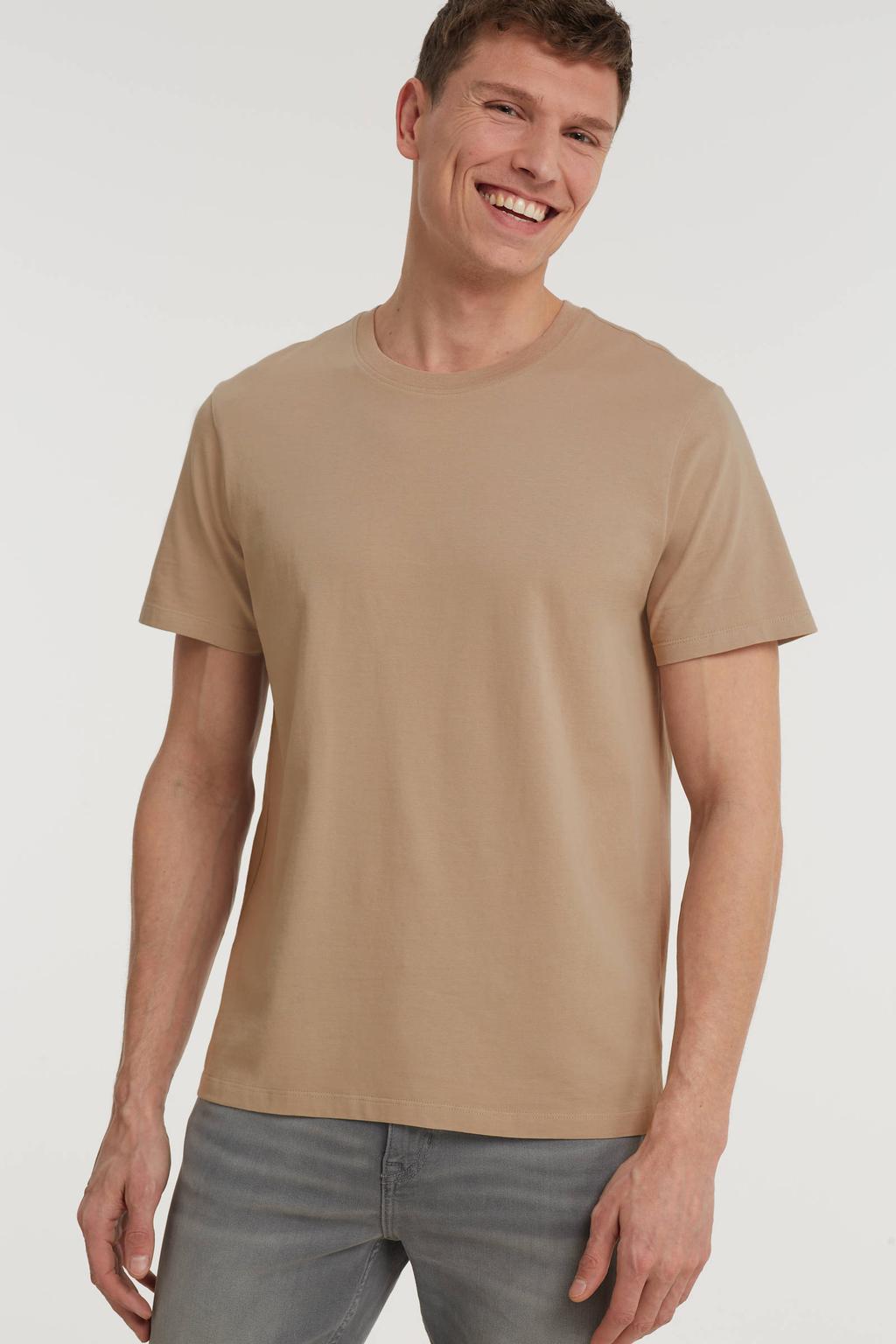 Beige heren Anytime T-shirt van katoen met effen, korte mouwen en ronde hals
