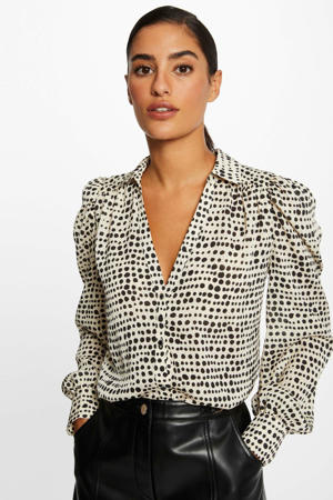 blouse met all over print en plooien ivoor/zwart