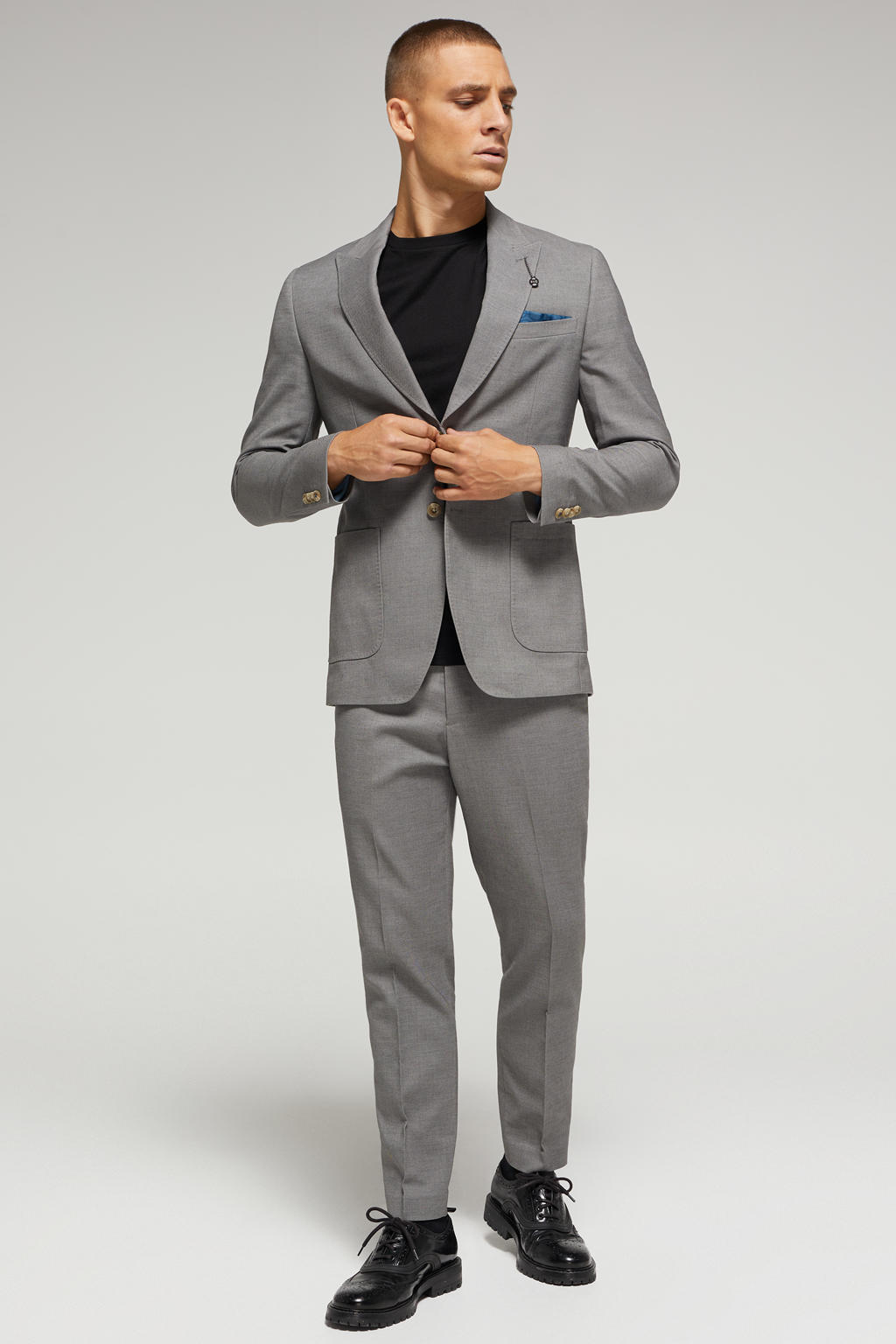 Grijs melange heren Van Gils gemêleerd slim fit colbert van polyester met reverskraag