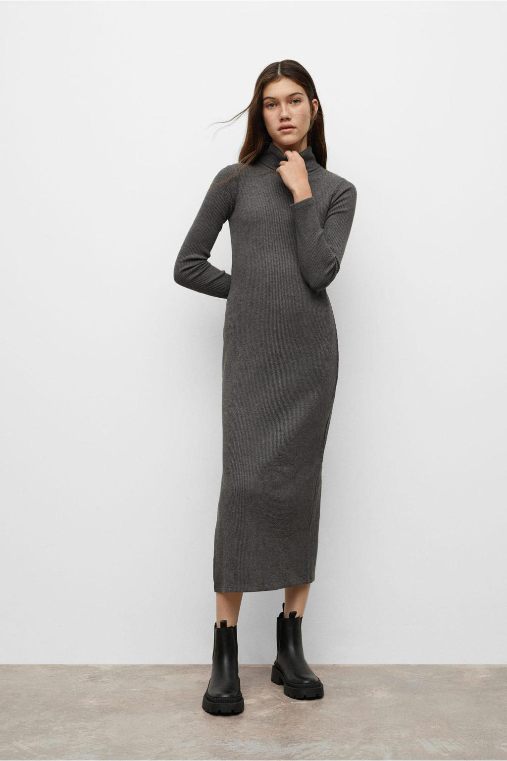 Grijze meisjes Mango Kids maxi jurk van acryl met lange mouwen, col en split