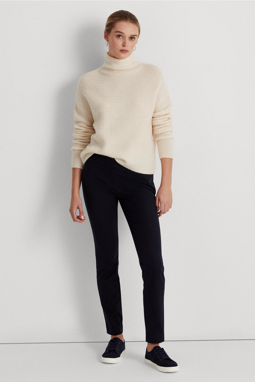 Donkerblauwe dames Lauren Ralph Lauren slim fit pantalon van katoen met regular waist en effen