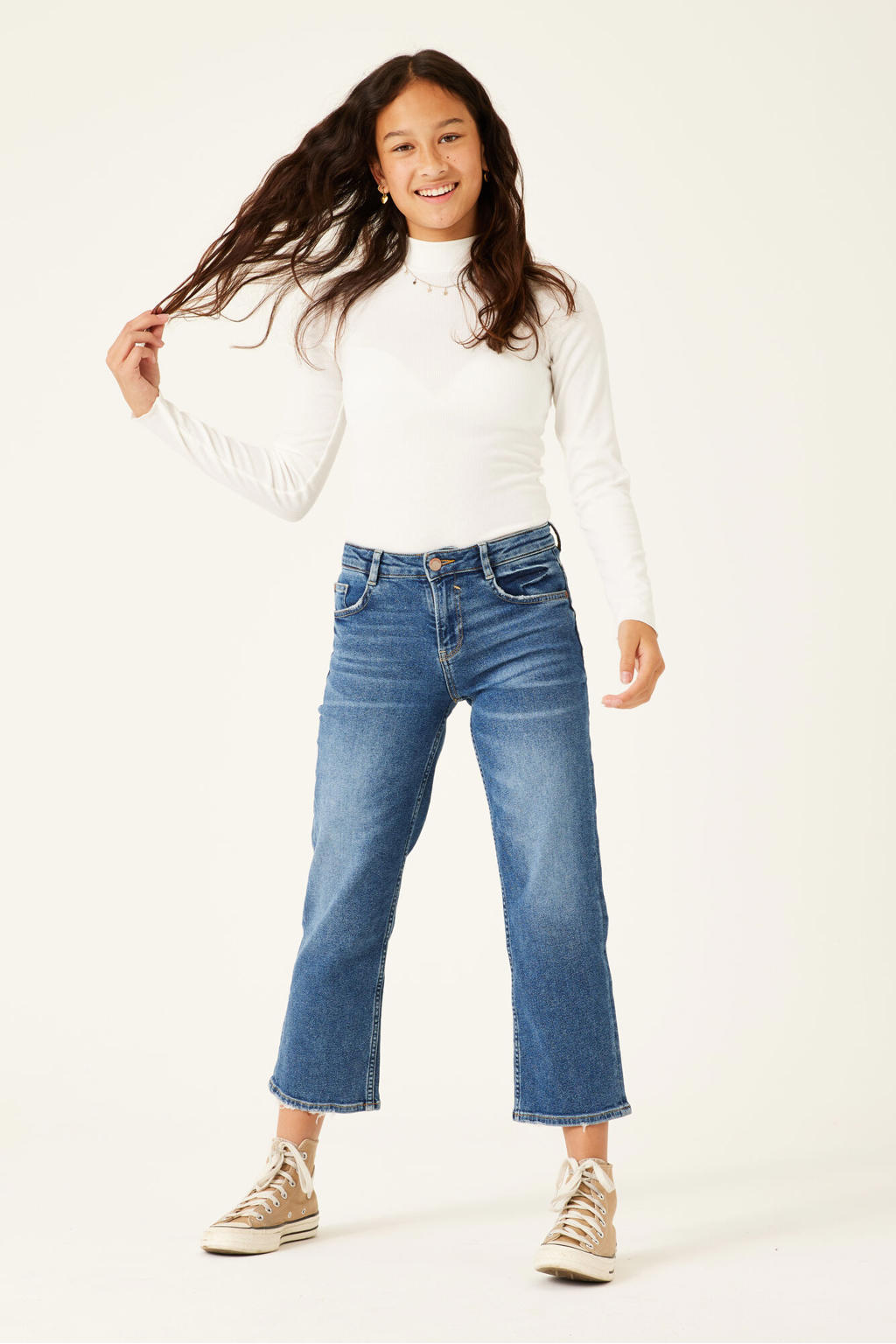 Dark blue denim meisjes Garcia cropped straight leg jeans 576 Mylah van stretchdenim met rits- en knoopsluiting en effen