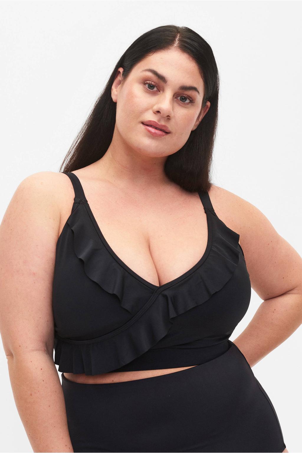 Zizzi voorgevormde crop bikinitop SKATRIN met ruches zwart